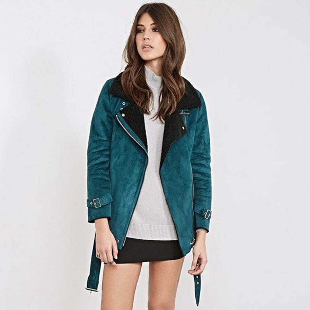 Teal Faux Suede Aviator Jacket